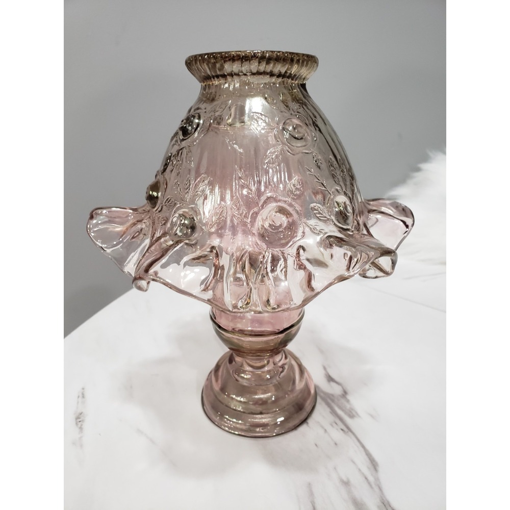 Vintage Fenton Cabbage Rose Dusty Pink Glass 3 Piece Fairy Lamp Candle Holder